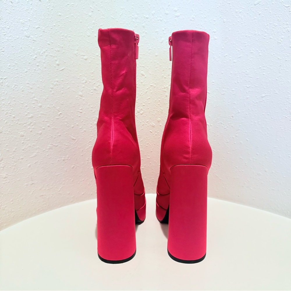 ASOS Fuchsia Satin Square Toe Hi Block Heel Platform Boots Sz 9 NWT - Picture 9 of 13
